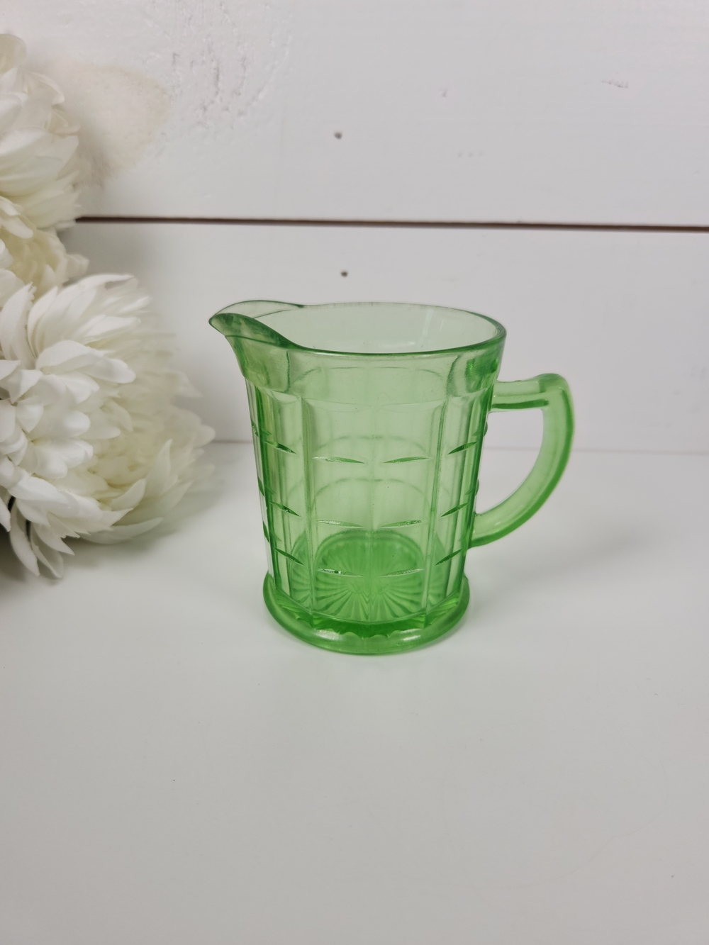 Vintage Hazel Atlas Colonial Block Green Glowing Uranium Glass Creamer Pitcher